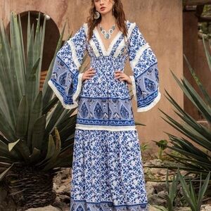 Faeriesty boho shirred waist flounced sleeve blue & white maxi dress.